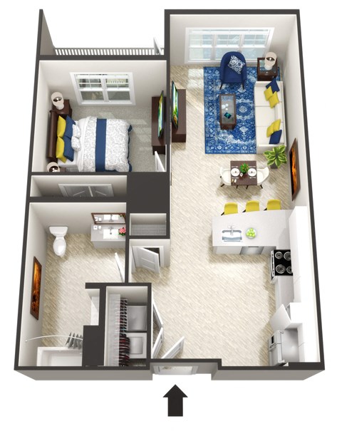 Floor plan for 1 bed, 1 bath, 798 sqft